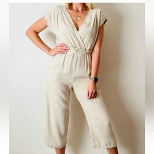 Monteau LA Women's Jumpsuit Natural Beige Linen Blend Sleeveless V Neck Size S